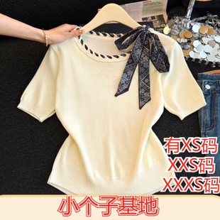 夏装 150cm矮个子加小码 XXXS显高蝴蝶结系带圆领短袖 针织上衣 女装
