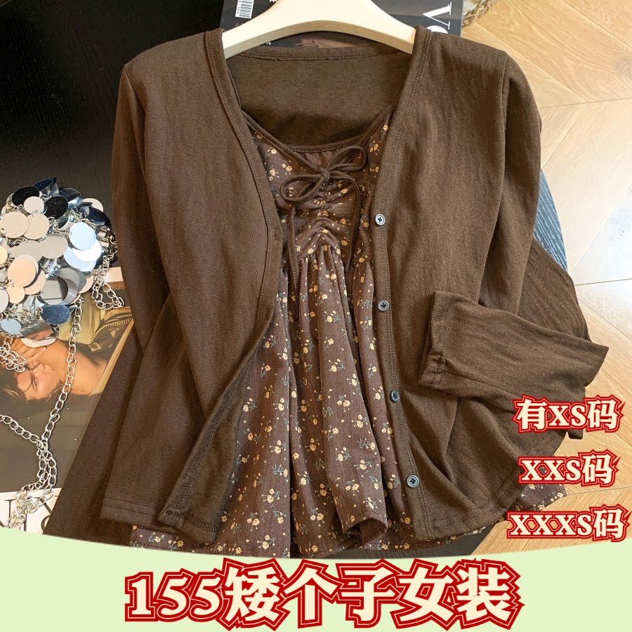 加小码XXXS女装秋装150cm显高矮个子碎花系带吊带外套两件套百搭图片
