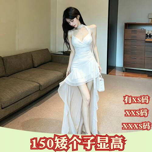 夏季女装小个子150cm显高加小码XXXS挂脖蕾丝飘带连衣裙交叉收腰
