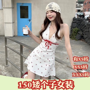 夏装155cm女装矮个子XXXS女生搭配印花蝴蝶结V领挂脖连衣裙女时尚