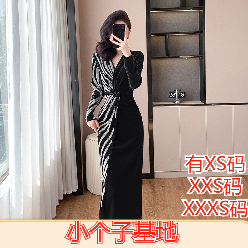 女装冬装加小码XXS小个子150cm显高重工烫钻石金丝绒名媛连衣裙女