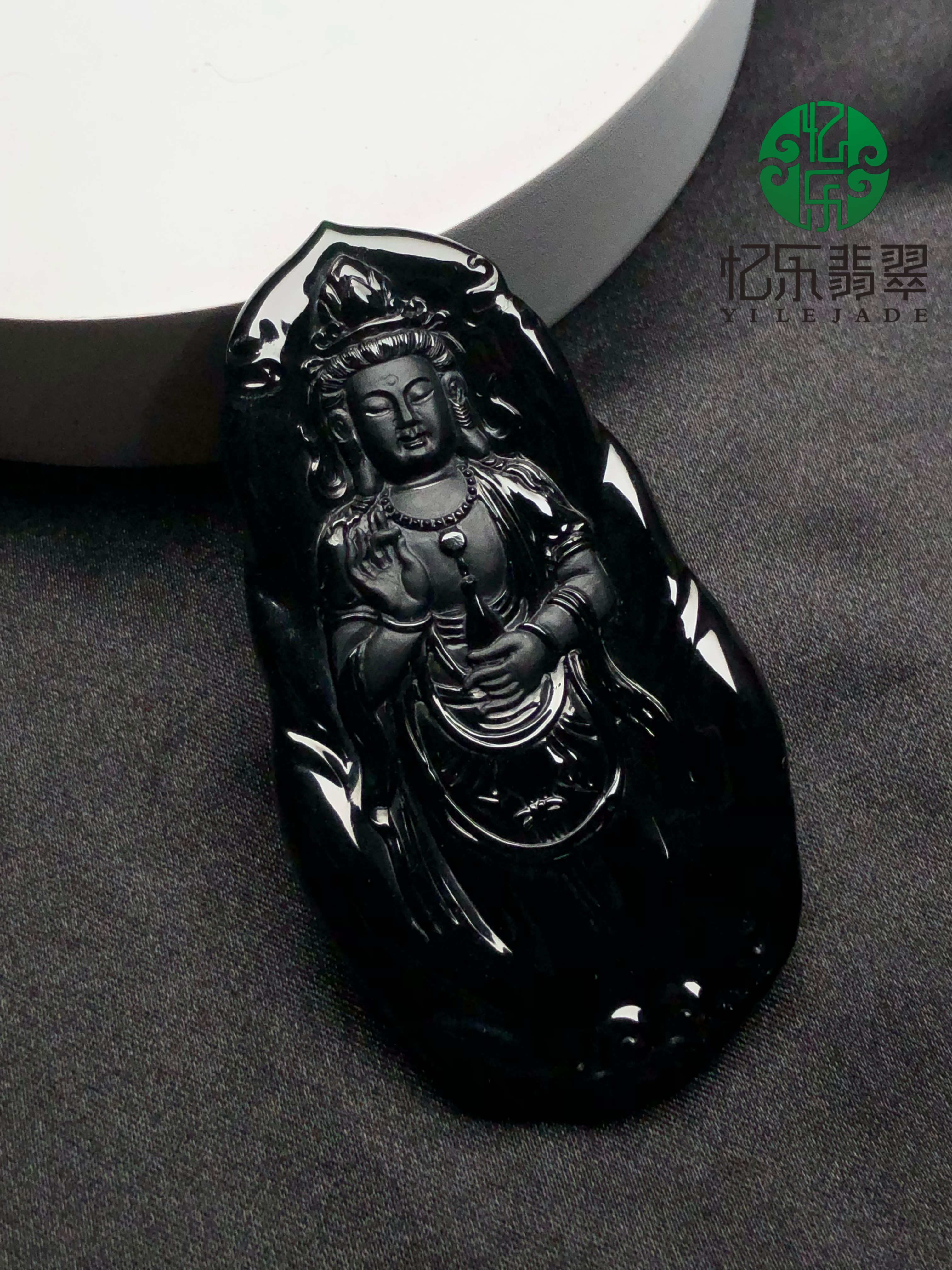 缅甸天然A货翡翠墨翠净瓶观音菩萨冰种墨翠观音菩萨吊坠挂件