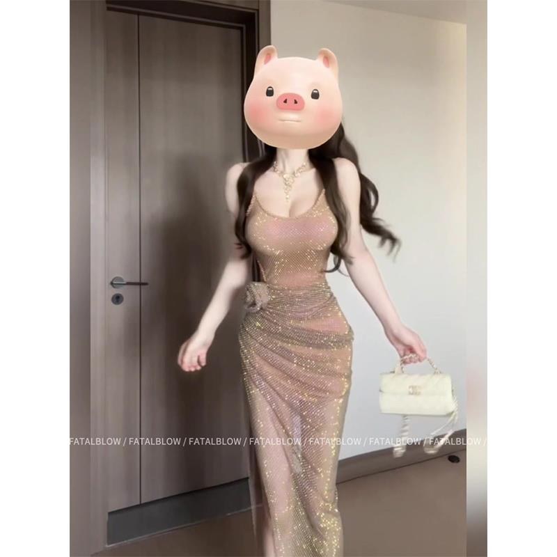 法式绝美满钻吊带连衣裙女夏季生日礼服性感纯欲气质修身包臀长裙