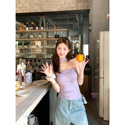 陈大钰抹胸挂颈吊带上衣女夏季修身显瘦外穿设计感紫色针织小背心