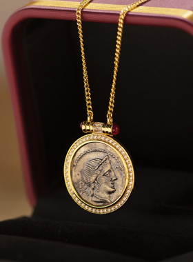 古币925纯银镀18K金复古精致短项链毛衣链吊坠项坠镶嵌高档红原创