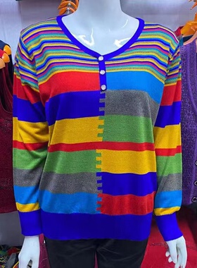 中年妈妈秋冬装针织长袖毛衣休闲宽松款V领彩条棉线针织百搭毛衣t