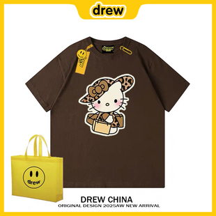 drew美式潮牌豹纹KT猫复古宽松短袖t恤男女学生情侣纯棉上衣INS潮