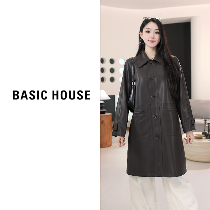 Basic House/百家好新款长皮衣外套风衣女B1295B5I672（衣长95）