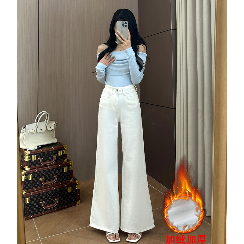 白色微喇牛仔裤女2025秋冬新宠加绒高腰阔腿宽松小个子欧若风穿搭