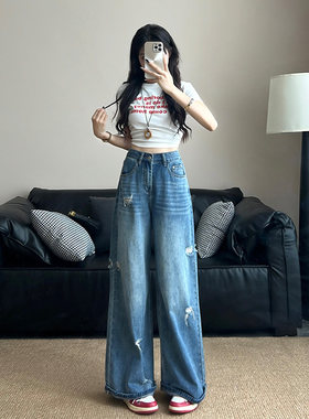 美式复古蓝破洞卷边设计阔腿牛仔裤女秋季新款高腰宽松直筒裤