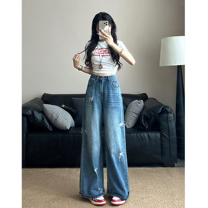 美式复古蓝破洞卷边设计阔腿牛仔裤女秋季新款高腰宽松直筒裤