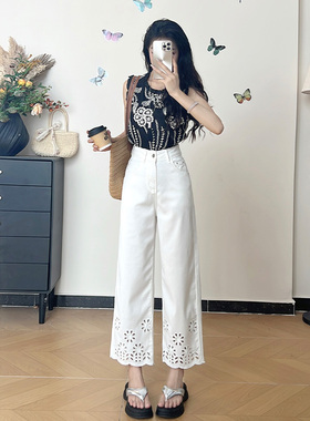 爆款莱赛尔天丝白色镂空刺绣九分阔腿牛仔裤女夏薄款高腰直筒