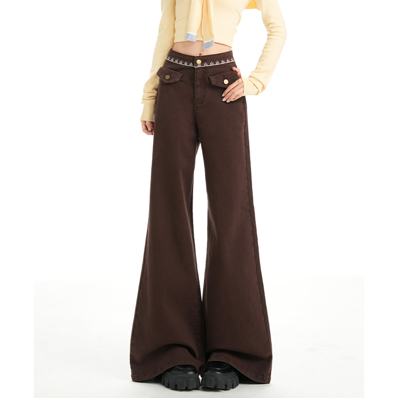 乔栈美拉德咖啡色复古港风高腰不贴腿微喇裤女秋冬小个子弹力长裤