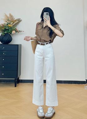 乔栈白色刺绣九分阔腿牛仔裤女秋爆款高腰显瘦休闲百搭小个子直筒