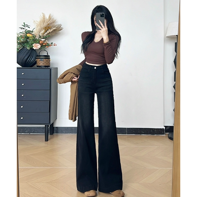 【林小雅专享】乔栈黑色不贴腿微喇牛仔裤女秋冬加绒高腰宽松喇叭