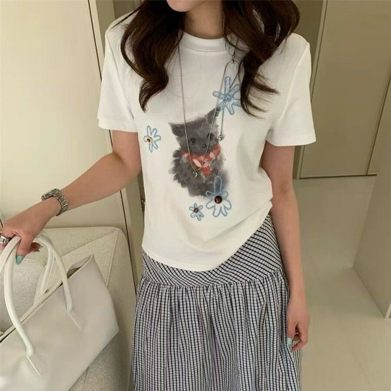 韩系刺绣花朵卡通小猫纯棉短袖T恤女2026春季新款宽松减龄上衣ins