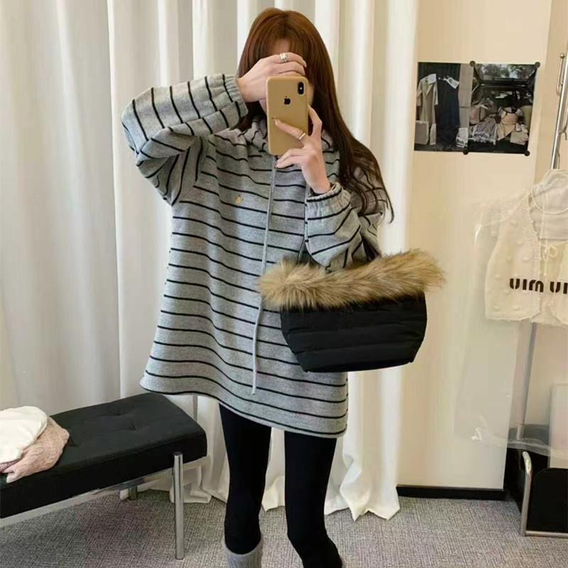韩版慵懒风兔毛条纹加绒连帽卫衣女2025秋冬新款宽松休闲帽衫上衣