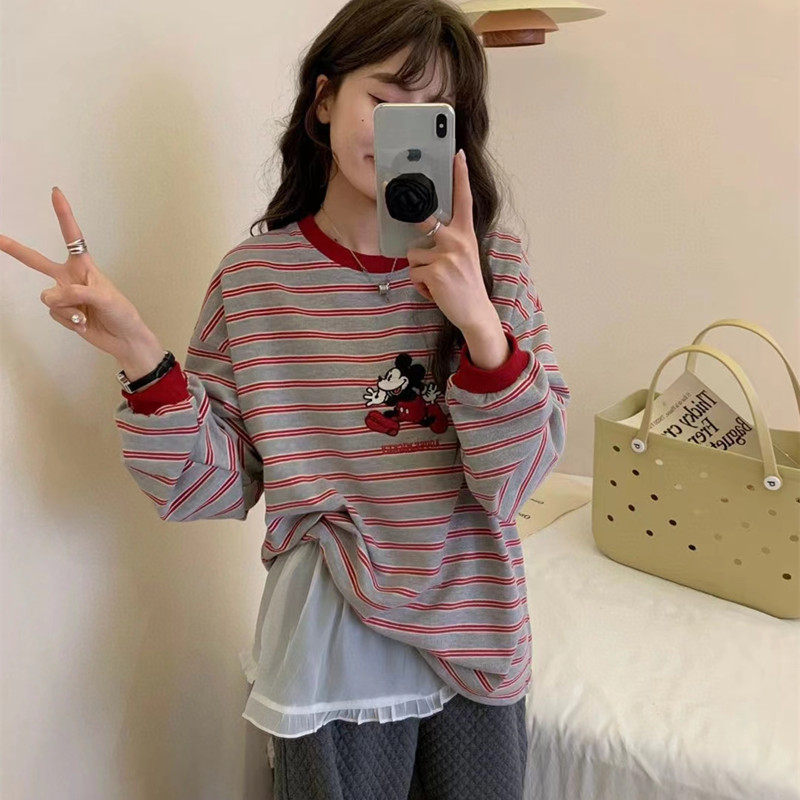 米奇刺绣条纹长袖T恤女2025春季