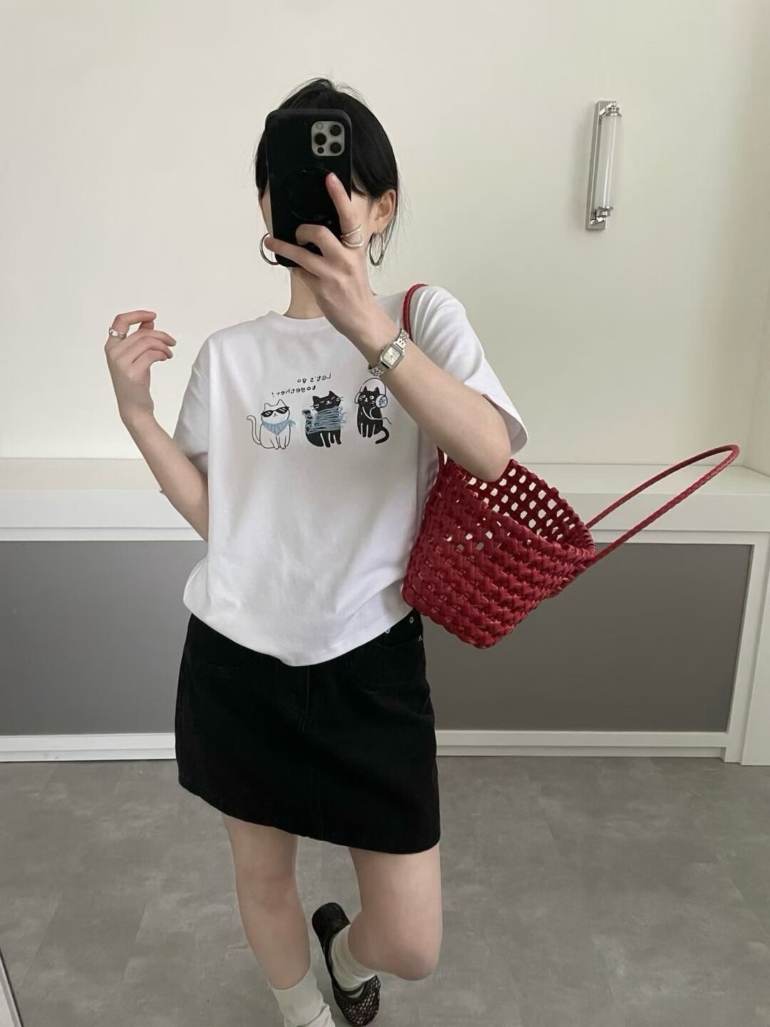 韩系卡通刺绣猫咪纯棉短袖T恤女2026春夏新款宽松减龄百搭上衣潮