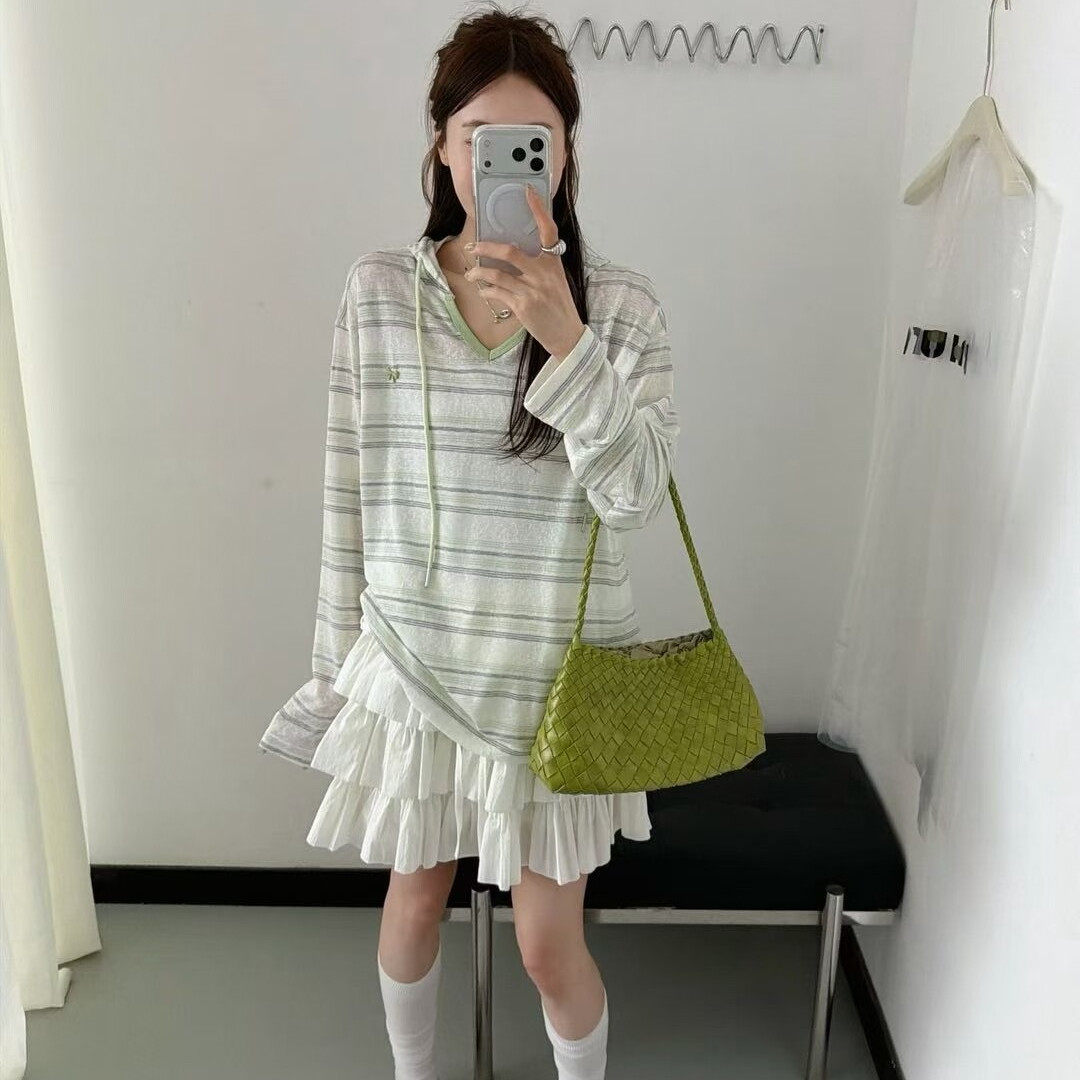 韩版蝴蝶结条纹连帽长袖T恤女2026春夏新款宽松休闲防嗮衫上衣薄