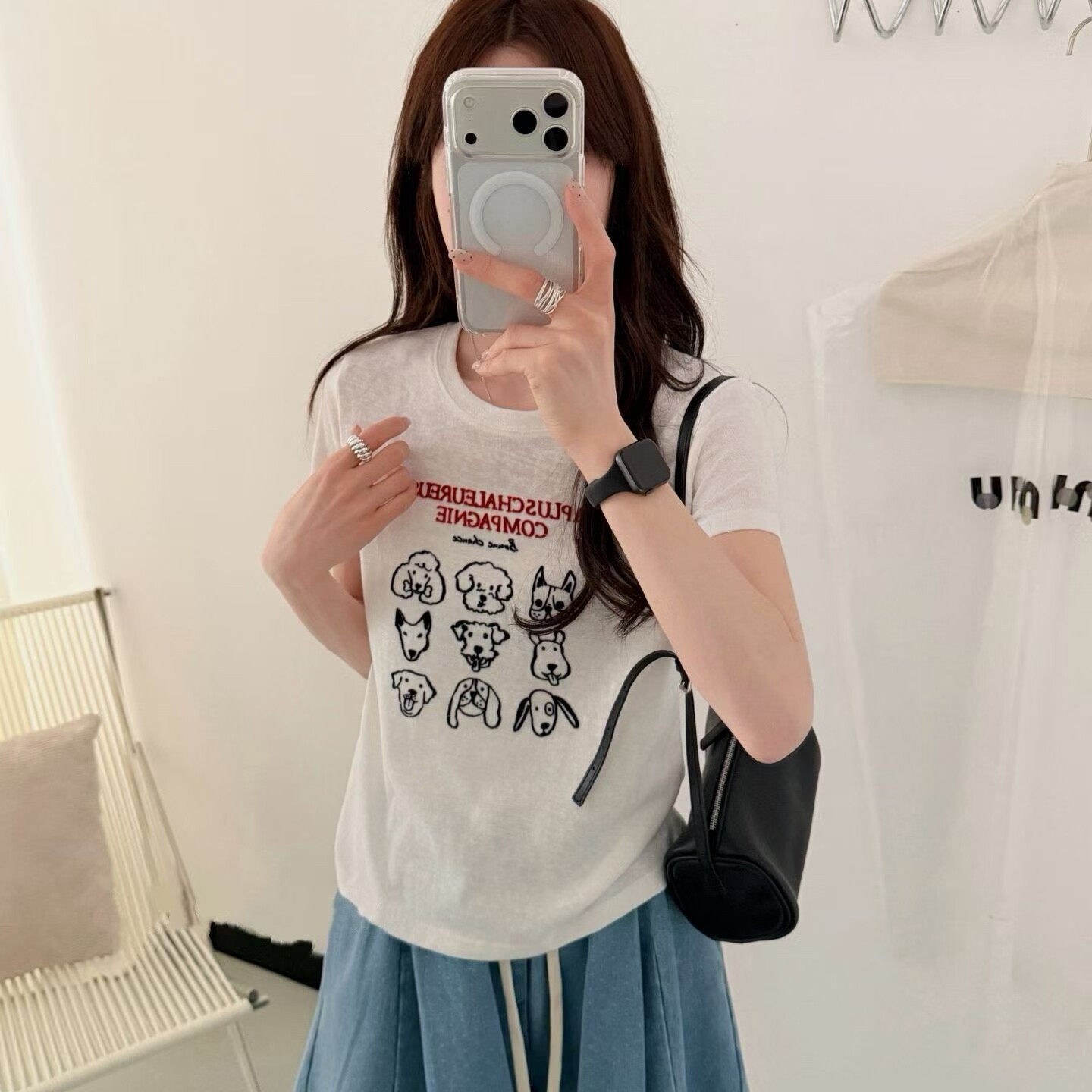 韩版植绒字母小狗印花短袖T恤女2026春夏新款休闲圆领正肩上衣ins