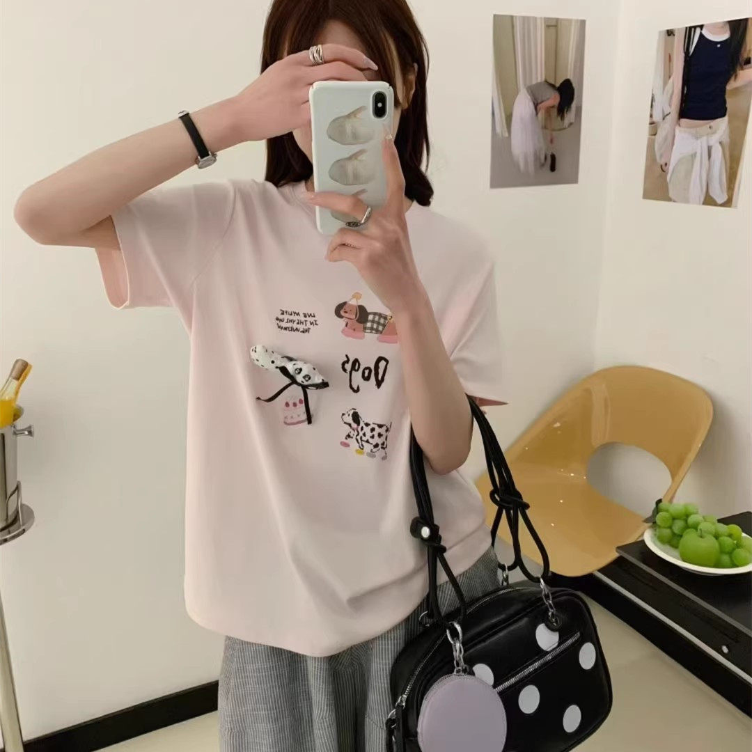 2026春夏新款减龄趣味蝴蝶结挂件小狗短袖T恤女韩版宽松显瘦上衣