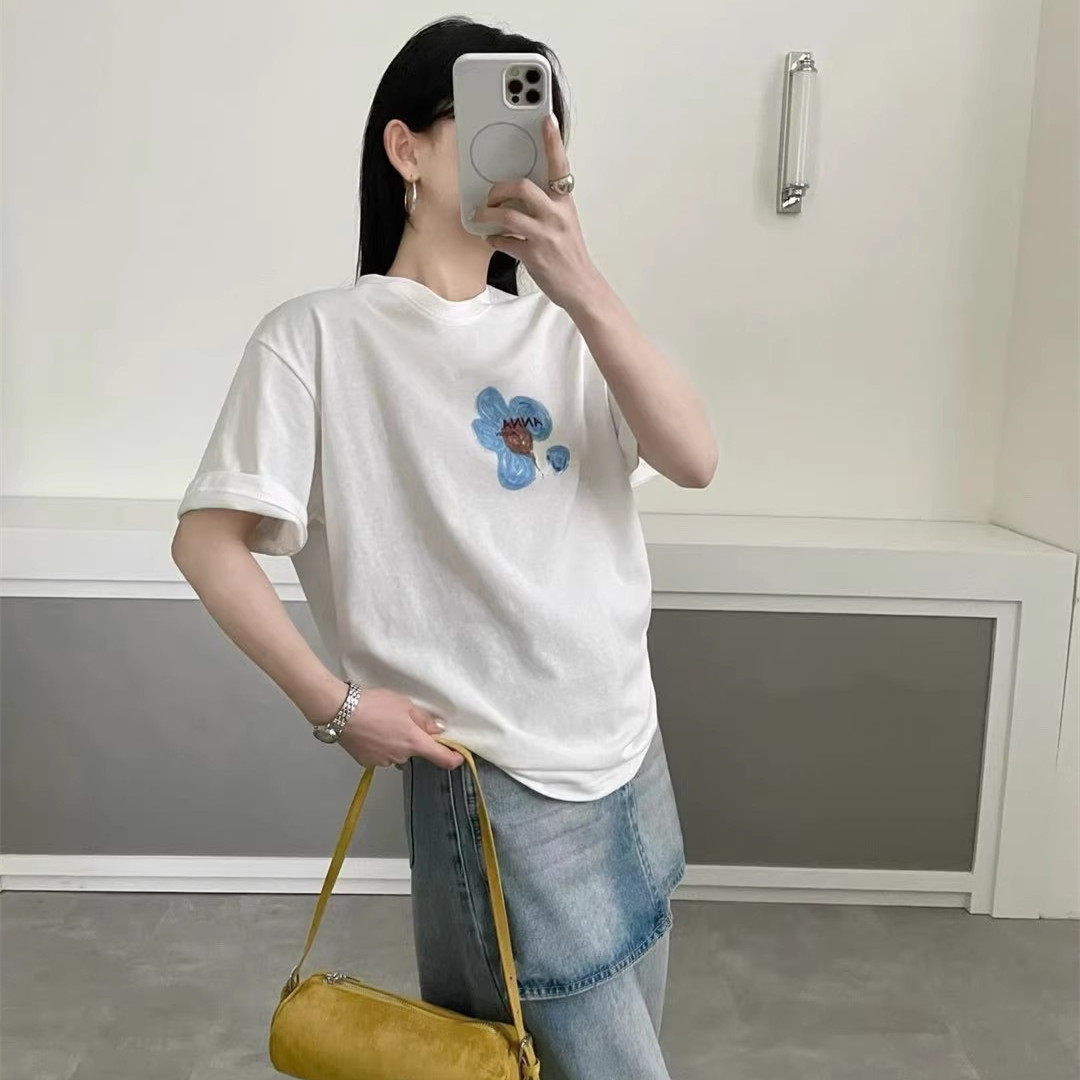 韩系花朵纯棉短袖T恤女2026春季新款慵懒风宽松显瘦简约百搭上衣