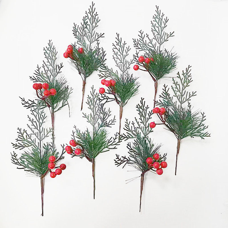 6支包邮圣诞节装饰仿真松柏松针红浆果花束diy节日橱窗摆件小插枝