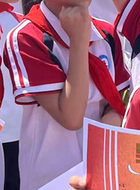 定制校服短袖白色上衣拼接红袖两道杠中小学生夏季运动翻领pole衫