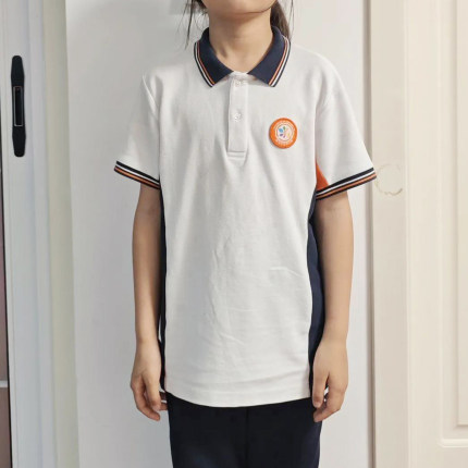 学生校服白色上衣橙色拼接短袖中小学生舒适运动休闲夏翻领pole衫