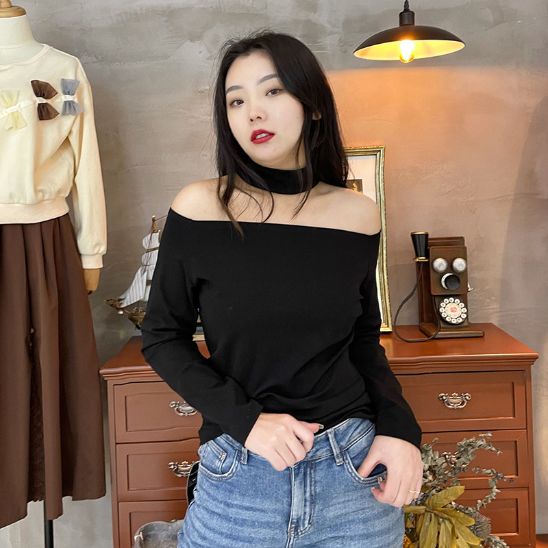一字肩上衣女露肩挂脖长袖黑色大码性感设计感小衫白色纯棉打底衫
