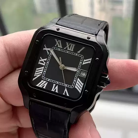38mm Square Mechanical Watch Nh35 Modified Watch with Steel Band or Leather Strap Optional, Roman Numerals, Calendar, Transparent Case Back