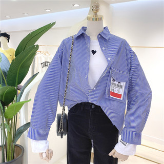 韩版BF风宽松条纹口袋装饰设计翻领显瘦薄款系扣长袖衬衣女衬衫潮