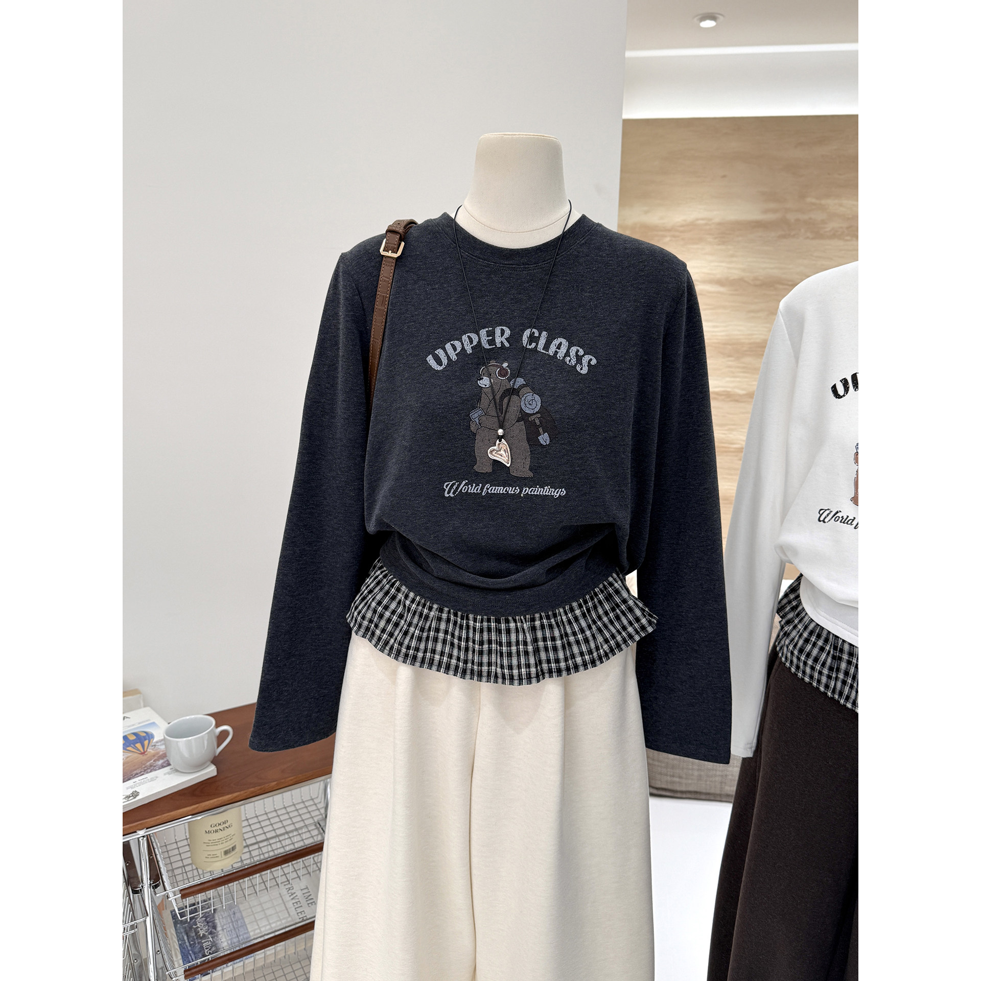 卡通小熊印花拼接格子花边假两高级设计休闲长袖打底衫T恤女内搭,女装/女士精品,T恤,淘宝优惠券,粉丝福利购,淘宝优惠卷