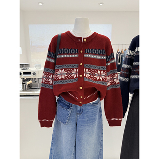复古秋冬新款费尔岛风提花圆领针织开衫女韩系百搭厚实毛衣外套