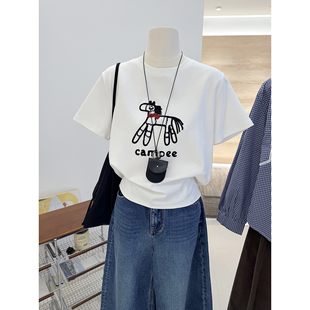 2026卡通风小马刺绣短袖 内搭 T恤女白色圆领宽松休闲上衣打底衫
