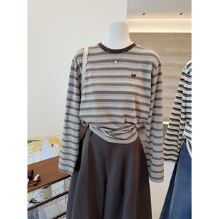 简约刺绣小狗韩式撞色条纹圆领长袖T恤女宽松基础款秋季新款打底