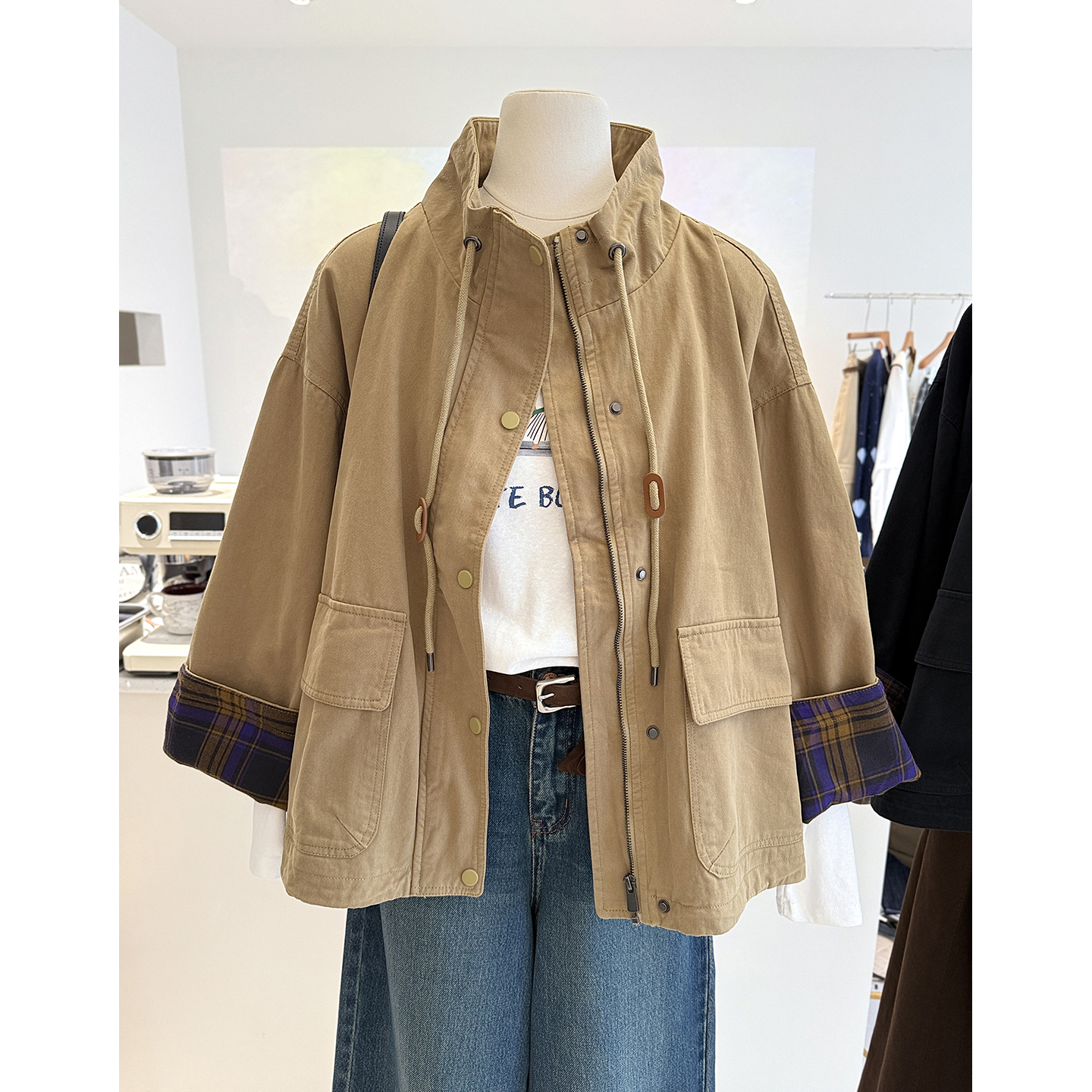 美式复古格子拼接感翻盖短款外套