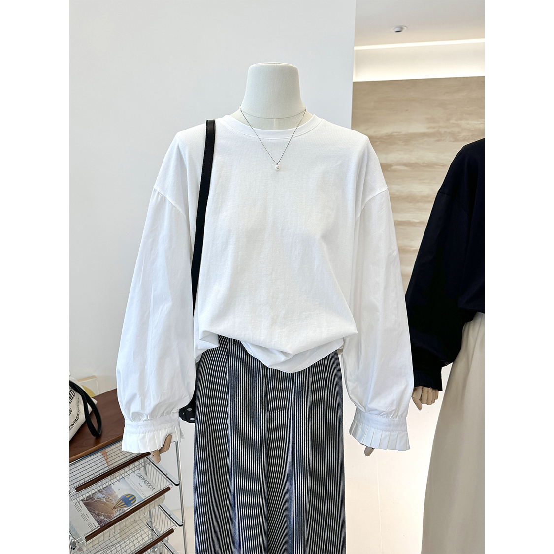 秋季韩系小众新款松弛感慵懒风拼接衬衫袖圆领长袖T恤女上衣外穿