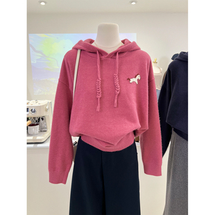 卡通小马提花冬季新款韩系软糯宽松显瘦抽绳温柔连帽针织毛衣女