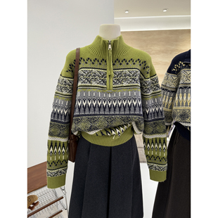 冬季新款美式复古费尔岛提花宽松加厚保暖半开拉链立领毛衣女外套