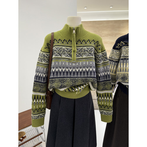 美式复古费尔岛提花毛衣外套