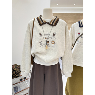 拼接娃娃领韩系创意刺绣宽松显瘦加绒加厚保暖休闲套头卫衣女外穿