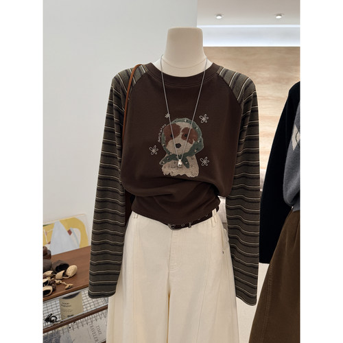 短款韩式条纹拼接袖卡通狗T恤女