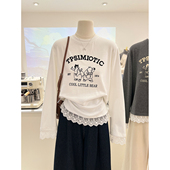 卡通小熊植绒秋冬新款 韩系加厚磨毛棉蕾丝拼接长袖 打底T恤女上衣