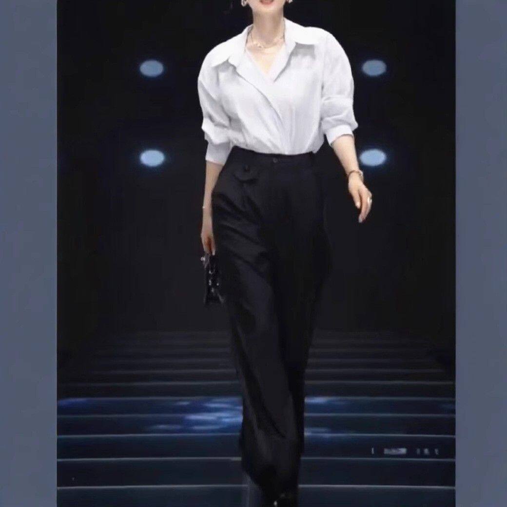 时尚气质套装女25春秋新款法式条纹长袖衬衫西装阔腿裤显瘦两件套