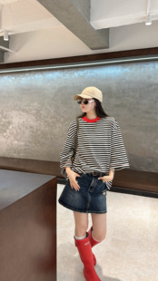 T恤女上衣 宽松显瘦百搭圆领条纹长袖 2025早春新款 韩版