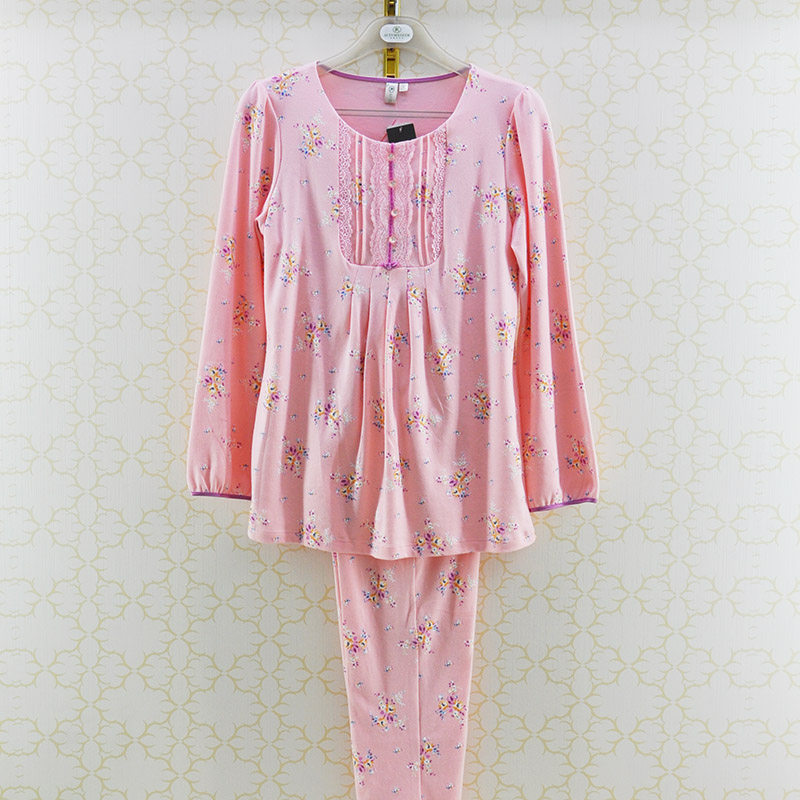 女睡衣春秋款秋鹿纯棉针织文雅小碎花印花长袖套精致包边QCE2605H