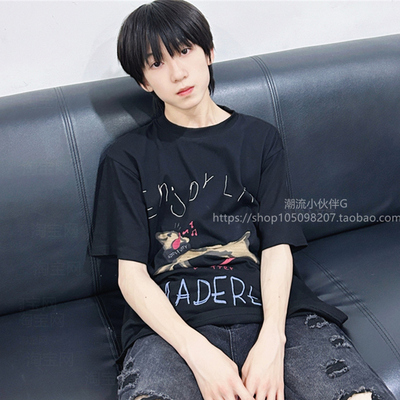 杨博文同款上衣服滑板腊肠狗涂鸦短袖女美式街头情侣夏T恤ins潮牌