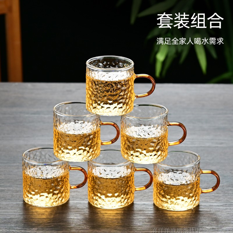 加厚耐热玻璃水杯小酒杯带把玻璃杯主人杯家用锤纹茶杯10只包邮